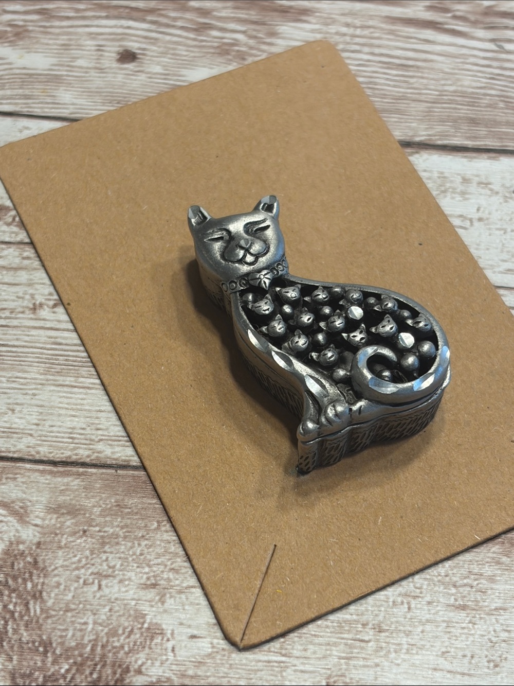 Vintage Torino Pewter Silver Cat Brooch Pin Textured Floral Detail  trinket box